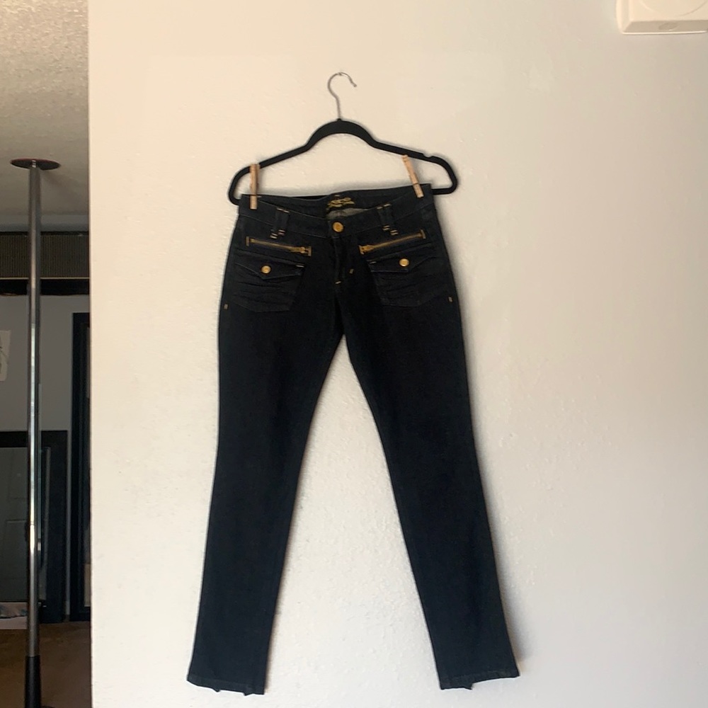 Bebe premium denim:  Y2K style ultra low rise zipper skinny leg jeans